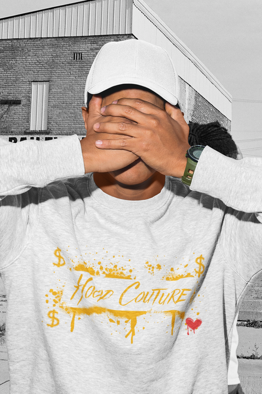 Premium Unisex Crew Neck Sweatshirt "Hood Money Couture White"