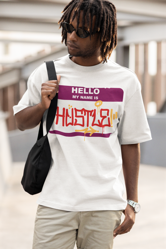 Oversized Unisex Premium T-Shirt "Hello My Name Is Hustle"